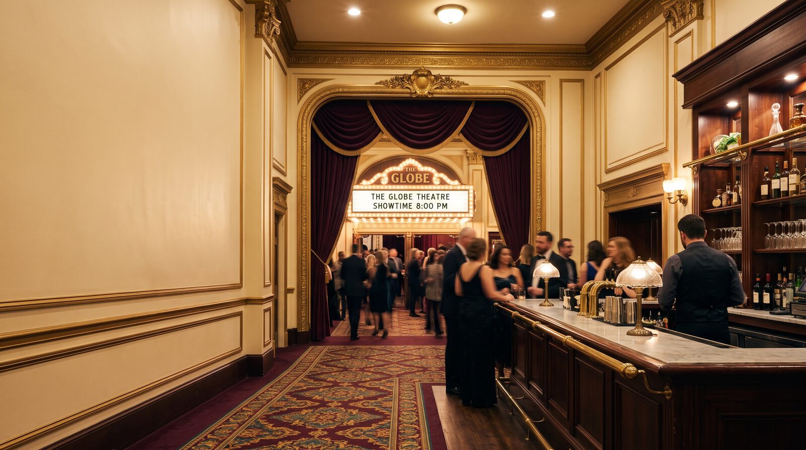 Guests gathering in a historic community theatre lobby at showtime