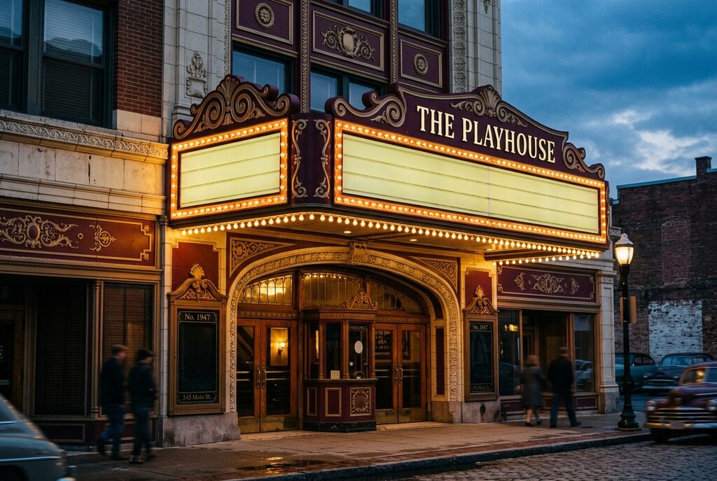 A vintage neighborhood playhouse marquee at dusk